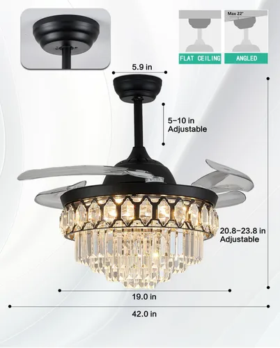 Vista 6 de Ventilador de techo LED de cristal regulable de 42 pulgadas con luces y control remoto, moderno ventilador de iluminación de techo retráctil