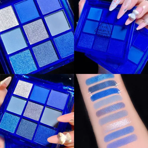 Vista 2 de Paleta de sombra de ojos azul, 9 colores, Mardi Gras Carnival prensado pigmento con purpurina, paleta de sombra de ojos impermeable, paleta