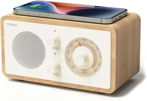 Vista 9 de mooas Radio de carga inalámbrica con esfera clásica, altavoz Bluetooth retro (negro), cargador inalámbrico máximo de 10 W, radio FM, modo SD/Aux