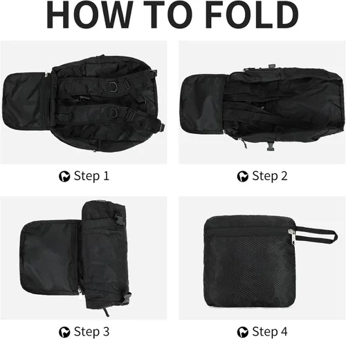 Vista 6 de Mochila pequeña de senderismo para viajes, ligera, plegable, mochila de día resistente al agua, mochilas plegables de 15L para viajes, mujeres, Negro