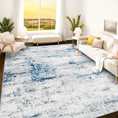 Vista 298 de Istana Alfombra larga antideslizante de 2.5 x 8 para el hogar, para pasillo y cocina, lavable, sedosa y suave al tacto, elegante, color azul y marfil