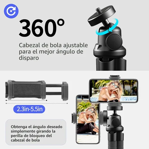 Vista 5 de Aureday Trípode para teléfono, trípode flexible para iPhone y teléfono celular Android, viene con control remoto inalámbrico y clip para grabación