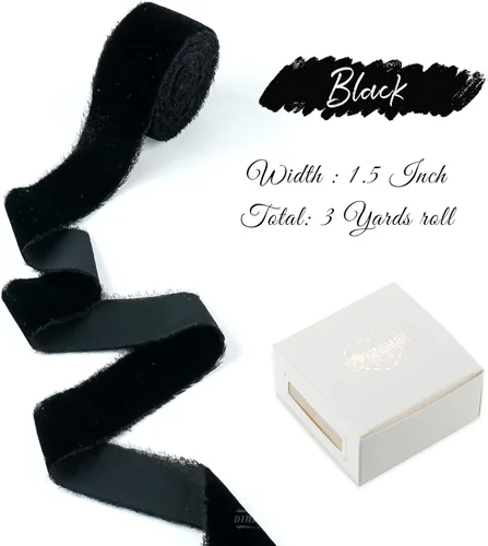 Vista 2 de Cinta de terciopelo negro de 1.5 pulgadas, cinta de terciopelo de seda deshilachada negra, terciopelo rústico de Navidad para regalo, borde crudo
