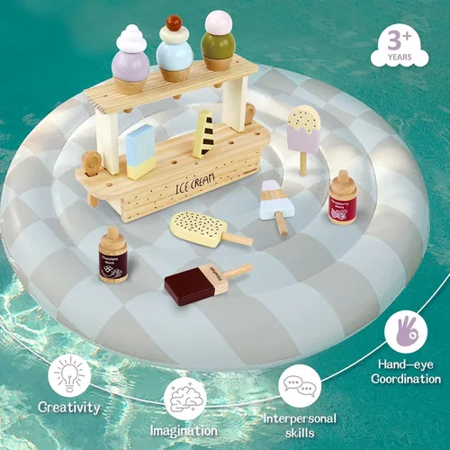Vista 4 de Juego de helados de madera de Pillowhale para niños – 24 piezas Juguetes de simulación de helados con conos, paletas, coberturas, salsas y cucharas