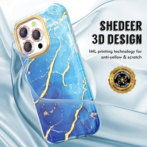 Vista 5 de SHEDEER Funda para iPhone 15 Pro con protector de cámara con purpurina y protector de pantalla, patrón elegante y antiamarillamiento, protección