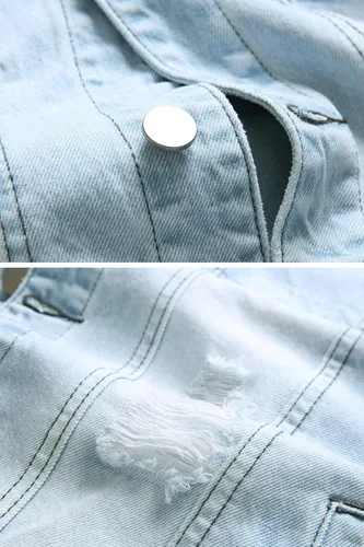 Vista 4 de LAMKUKU Chaqueta de mezclilla para hombre rasgada ajustada, abrigo de chaqueta vaquera para hombres