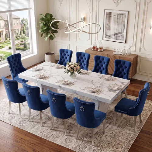 Vista 20 de Ebullient 79" White Dining Table Set for 8, Faux Marble Table & 8 Chairs Cream Chairs