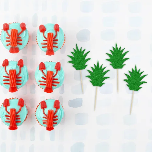 Vista 3 de 36 piezas de adornos para cupcakes de piña verde con purpurina verde para Luau despedida de soltera, fiesta de verano tropical, decoración