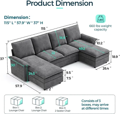 Vista 2 de LINSY HOME - Sofá seccional en forma de U tipo nube, sofás modulares de 115" con doble chaise lounge, juego de sofá de 4 plazas de chenilla