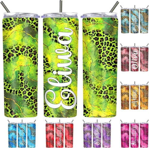 Vista 12 de Vasos personalizados con estampado de leopardo con tapas y pajitas, vasos delgados personalizados de 20 onzas con nombres para mujeres y hombres