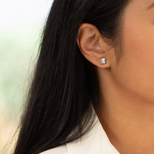 Vista 5 de Peora Aretes de tuerca de oro blanco macizo de 14 quilates para mujer, piedra natal de piedras preciosas auténticas, hipoalergénicos, corte de cojín