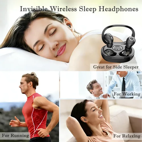 Vista 7 de Mini auriculares inalámbricos Bluetooth con pantalla LED, auriculares para dormir intrauditivos con tapas de silicona suave, funda de carga Negro