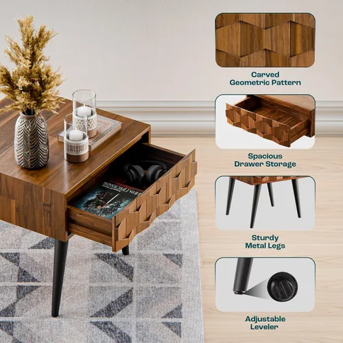 Vista 4 de Bme Georgina Mesitas de noche de madera maciza con cajones - Totalmente montadas, gabinete de mesita de noche con patrón geométrico rústico - Mesa