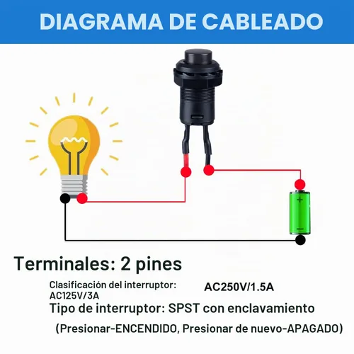 Vista 5 de Juego de 12 interruptores de botón de enganche 12 mm, AC 250V/1.5A 120V/3A, encendido/apagado, SPST, normal abierto, 1NO, 2 pines con cables Negro