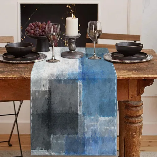 Vista 16 de Emvency - Camino de mesa de estilo granja, pintura de arte abstracto vintage en azul y gris para mesa de cocina, cenas familiares, fiestas, bodas