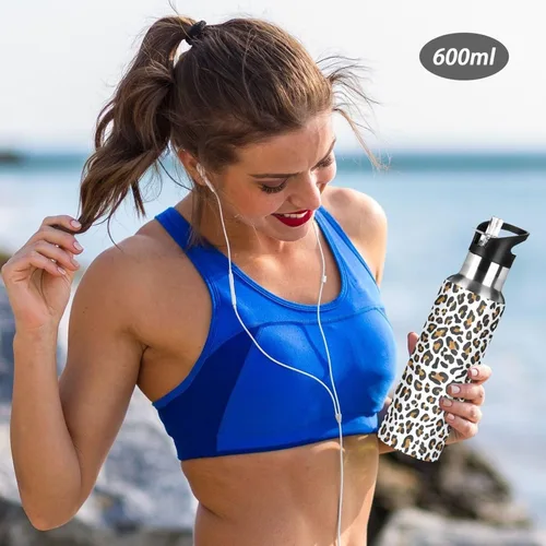 Vista 6 de Botella de agua de acero inoxidable aislada con estampado de leopardo, con popote, 20 onzas, a prueba de fugas, botella de agua deportiva sin BPA
