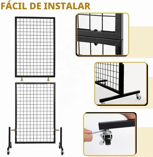 Vista 6 de Paneles de pared de rejilla de 1.8 x 5.7 pies, rejilla de alambre de pie, estante de exhibición con ruedas base en T, panel de rejilla independiente