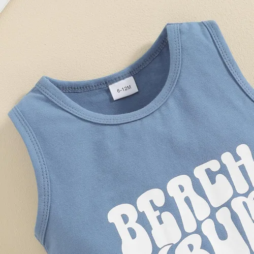 Vista 22 de Ropa de bebé niño sin mangas + pantalones cortos con estampado a rayas con bolsillos, 2 piezas de trajes de verano