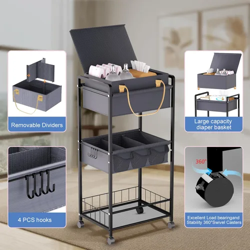 Vista 7 de Organizador de pañales para bebé, carrito de pañales enrollable de 3 niveles, pañales esenciales para recién nacidos, 2 en 1, con divisores