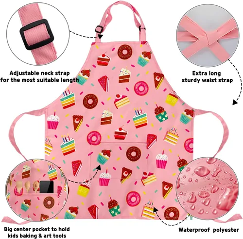 Vista 5 de DECOWALL AP-002 - Delantal para niños y niñas, delantales de cocina con bolsillo para niños, para cocinar, hornear, pintura, arte, correa ajustable