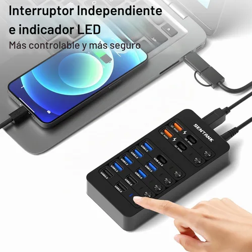 Vista 4 de Hub USB alimentado, divisor de concentrador de datos USB de 14 puertos con 6 puertos USB 3.0, 4 puertos de carga, 1 puerto de datos USB-C 3.0, 1