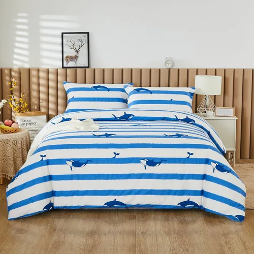 Vista 6 de Brandream Juego de ropa de cama de algodón para niños, tamaño matrimonial, juego de ropa de cama de ballena a rayas azul náutica, juego de cama