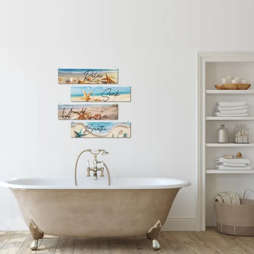 Vista 3 de Decoración de playa, 4 placas colgantes de pared, letreros de madera rústica, decoración de pared para el hogar y el baño, tema de estrella de mar