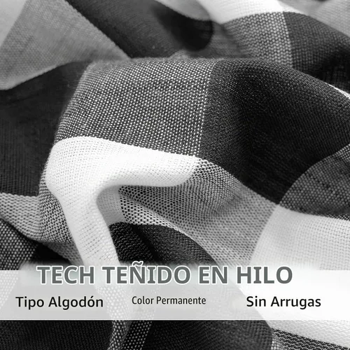 Vista 4 de Cortinas de cuadros blancos y negros con pompones, 45 pulgadas, semitransparentes a cuadros Blanco y negro