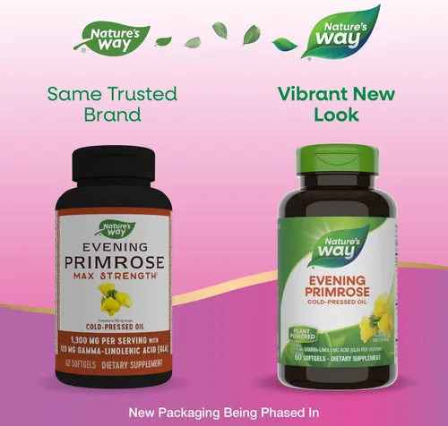 Vista 2 de Nature's Way Aceite de onagra, fuerza máxima, prensado en frío, sin refinar, 1300 mg con 120 mg de GLA por porción, 60 cápsulas blandas