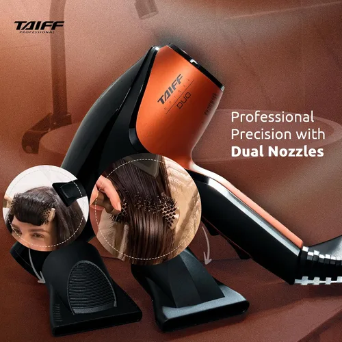 Vista 4 de TAIFF Unique Duo - Secador de pelo profesional Motor de CA de 127 V 1875 W Turmalina iónica y tecnología de titanio de cerámica con 2 boquillas