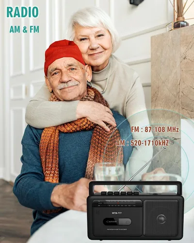 Vista 6 de WTB-777 Reproductor de casete portátil Boombox, radio AM/FM estéreo con Bluetooth, USB, grabador, conector para auriculares, alimentación CC/CA