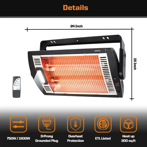 Vista 2 de Shinic Calentadores eléctricos de garaje con control remoto, calentador de cuarzo radiante montado en el techo de 1500 W/750 W con luz de trabajo
