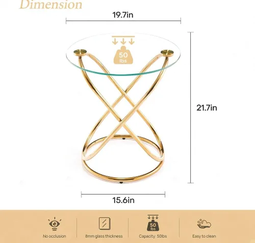Vista 2 de BECHAEO Mesa auxiliar redonda de vidrio dorado de 19.7 pulgadas con marco de metal chapado en oro en forma de anillo para sala de estar, mesa