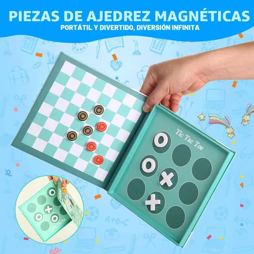 Vista 3 de Juego de viaje 2 en 1 de damas magnéticas y Tic-Tac-Toe para niños a partir Juego magnético plegable para aviones, automóviles y viajes por Juego