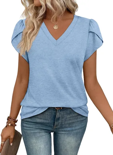 Vista 21 de WIHOLL Camisetas casuales de verano con cuello en V para mujer Negro