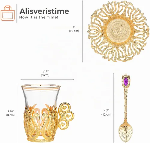Vista 4 de Alisveristime Juego de té turco otomano con 6 tazas de vidrio, 3.4 fl oz Dorado