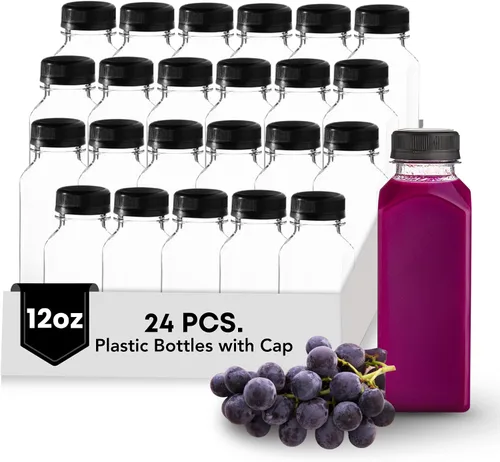 Vista 11 de Botellas de plástico Hammont con tapas - Botellas transparentes de PET para café helado y jugo, paquete de 24 - Botella reutilizable para jugos