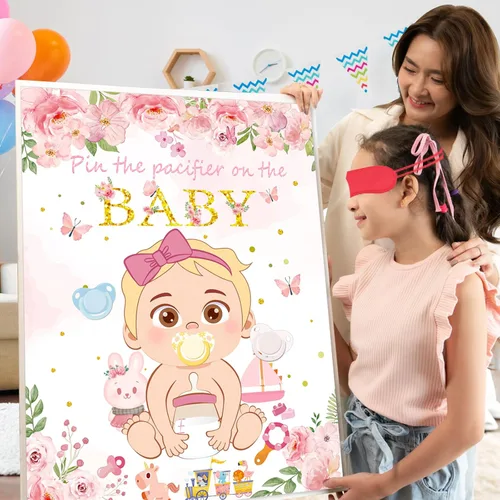 Vista 2 de Juego Pon el Chupete al Bebé Rosa Juego de Baby Shower Decoraciones para Fiesta Incluye Póster Grande 30 Pegatinas de Chupete Juego para Baby