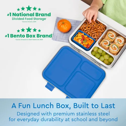 Vista 2 de Bentgo Kids - Lonchera de acero inoxidable resistente a derrames para niños, de 3 compartimentos con contenedor de silicona adicional, duradera