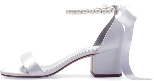 Vista 3 de Sandalias de tacón bajo para mujer, con correa de tobillo gruesa, perlas, zapatos de vestir de boda, tacón bajo, cómodas sandalias de tacón bajo
