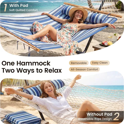 Vista 6 de Everyfun - Hamaca para 2 personas al aire libre con soporte, hamaca de cuerda de algodón con almohadilla de poliéster, estructura de acero