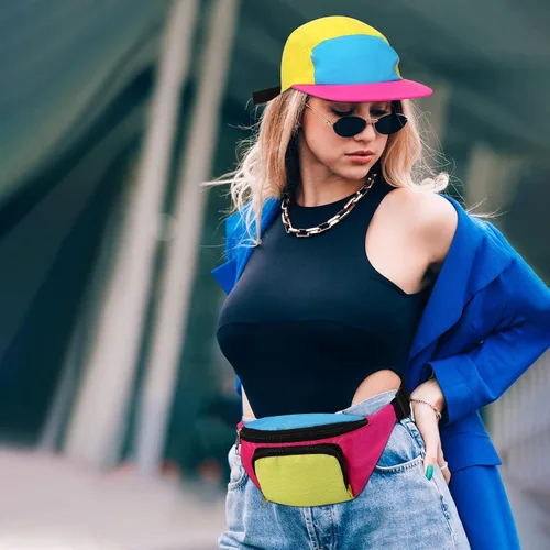 Vista 5 de Cindeer Paquete de 2 riñoneras de neón de los años 80 y 90 para mujer, sombrero de neón, cangurera retro para fiesta de los años 80 y 90, festival