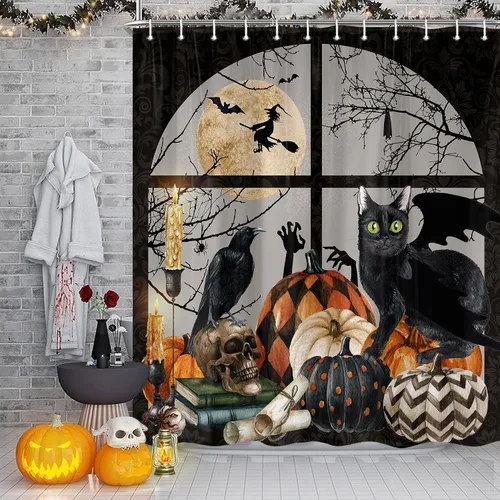 Vista 2 de Cortina de ducha de Halloween, espeluznante calabaza negra, gato negro, juego de cortina de ducha de esqueleto gótico, calavera de terror