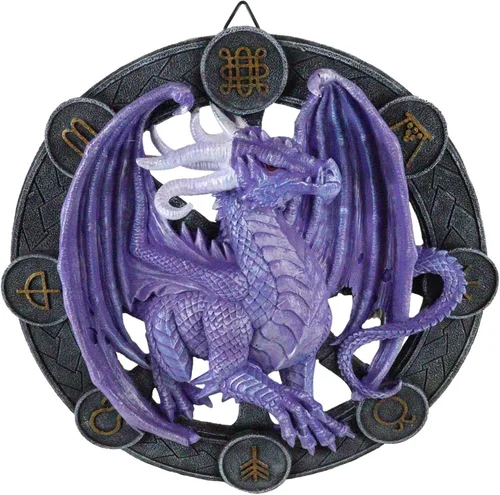 Vista 13 de Ebros Gift Wicca Neo Paganism Sabbats Rueda del Año Fantasía Dragón con símbolos sagrados Decoración de pared Escultura por Anne Stokes Dragons