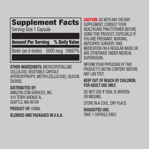 Vista 6 de Amazon Elements Vitamina D3, 5000 UI, 180 cápsulas blandas, suministro para 6 meses y biotina 5000 mcg, vegano, 130 cápsulas