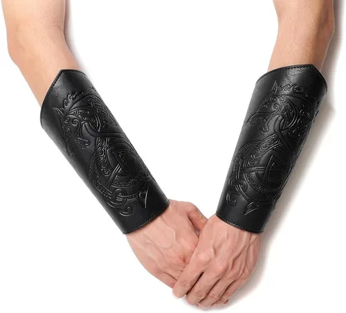 Vista 6 de Brazales de cuero medievales con diseño de dragón en relieve de cuero vikingo brazos, brazalete de cuero, guantelete de cuero, accesorios
