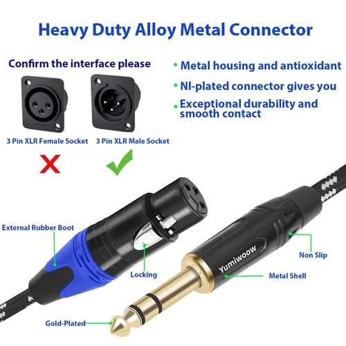 Vista 5 de Cable XLR de 1/4 de pulgada a XLR, trenzado de nailon resistente, enchufe chapado en oro, cable de conexión TRS equilibrado de 1/4 pulgadas a XLR