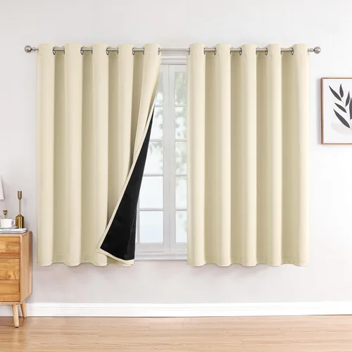 Vista 104 de ChrisDowa Cortinas 100% opacas de 63 pulgadas de largo para dormitorio con forro negro, 2 capas gruesas totalmente opacas con aislamiento térmico