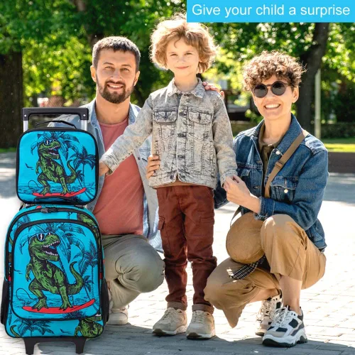 Vista 3 de AGSDON Mochila con ruedas enrollables para niños, mochila escolar con ruedas y bolsa de almuerzo, dinosaurio