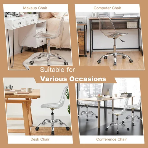 Vista 5 de Giantex Silla de escritorio de acrílico, silla enrollable de oficina transparente sin brazos, silla fantasma de ocio ajustable con base cromada